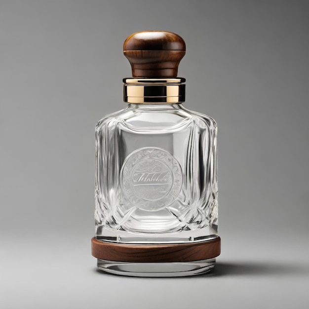 A perfume bottle made of clear glass topped with a wooden lid