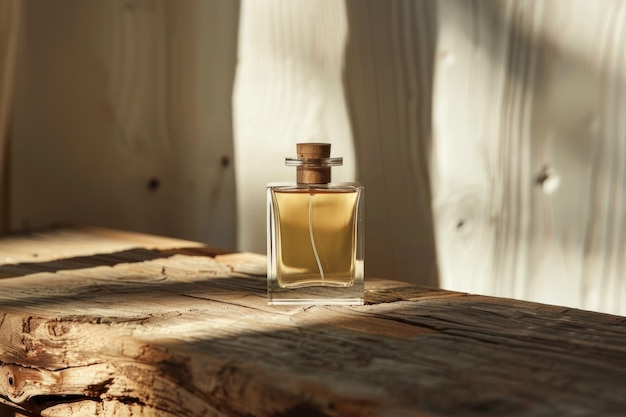 Perfume bottle mockup on rustic wood and beige background