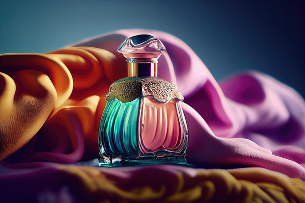 Perfume Bottle on Silk Wavy Background Perfume Product Advertising Abstract Generative AI Illustration