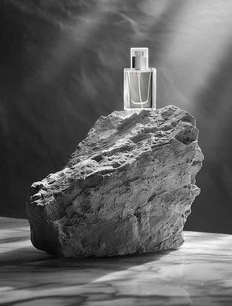 Photo a perfume bottle sits on top of a rock in the style of dark and brooding designer dau al set monochromatic symmetry les nabis realistic depiction of light camera lucida