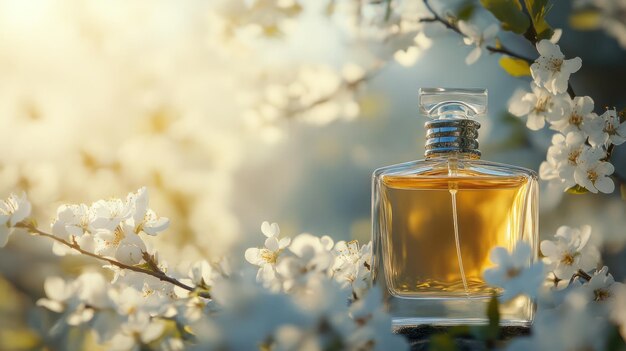 Photo perfume bottle surrounded by blooming flowers