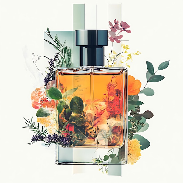 Photo perfume bottle surrounded by flowers and plants artistic illustration