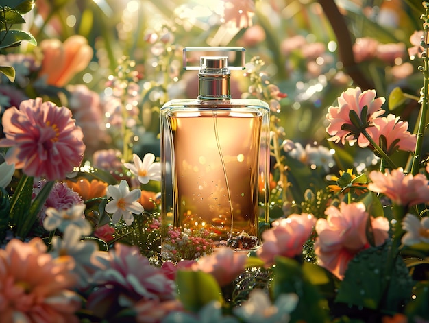 Perfume bottle surrounded by vibrant spring flowers Generative Ai