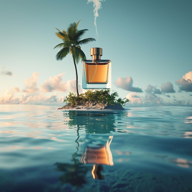 Perfume Bottle on Tropical Island at Sunset