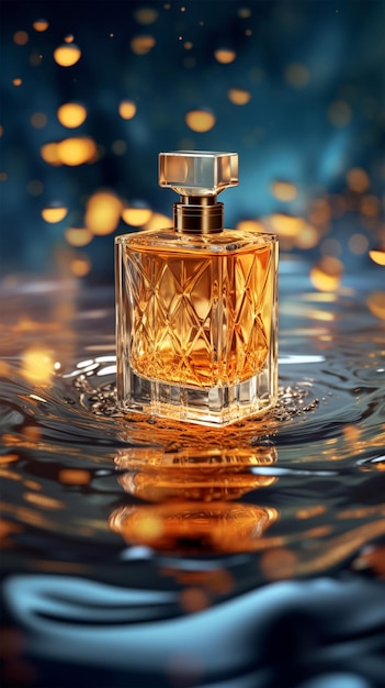 Perfume bottle in the water with the light reflecting on it