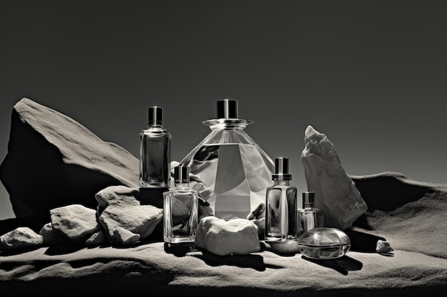 Perfume bottle or whiskey bottle in elegant style on the background of rocks