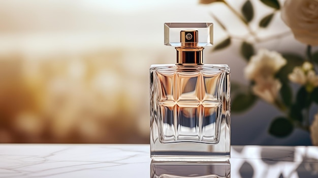 Perfume bottle on a white marble table with flowers background