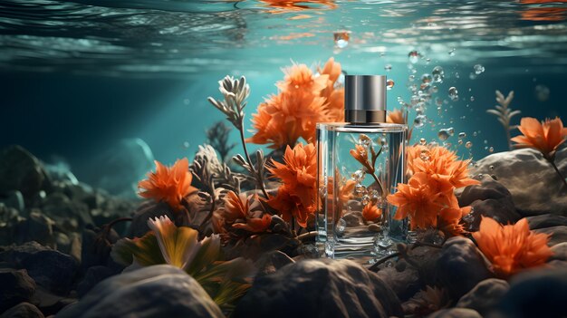 Perfume bottle with beautiful flowers in water background with sunshine