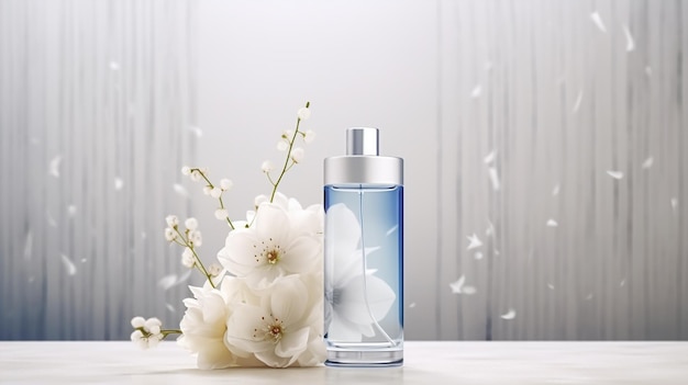 Perfume bottle with cherry blossoms on light background closeup