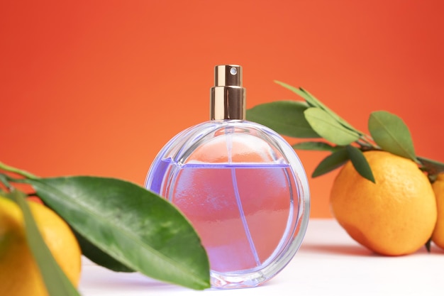 Perfume bottle with citrus fruit Concept of expensive perfume and cosmetics Women's essence Fresh fruit green leaves orange background