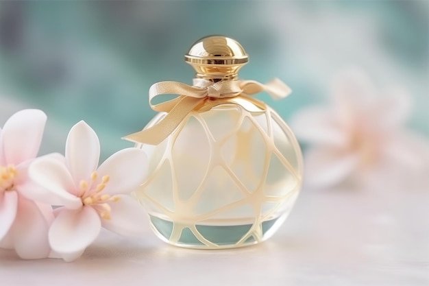 Perfume bottle with delicate plumeria flowers Generative AI