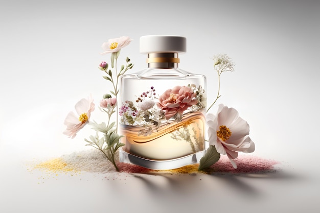 Perfume bottle with flowers on light background, cosmetics fragrance collection AI generated image