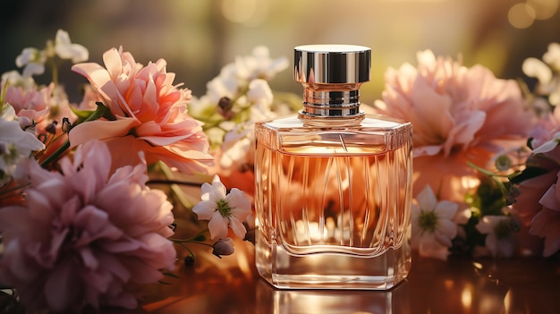 perfume bottle with fresh flowers on blurred background perfume fragrance perfume in bottle on background with bobokeh and blurred flowers perfume fragrance fragrance