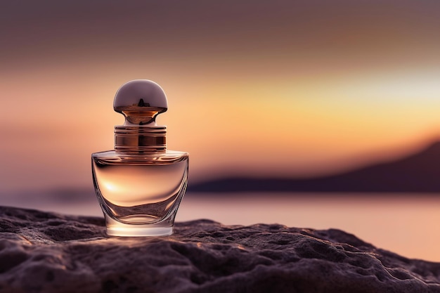 Perfume bottle with sea sunset background Generative AI