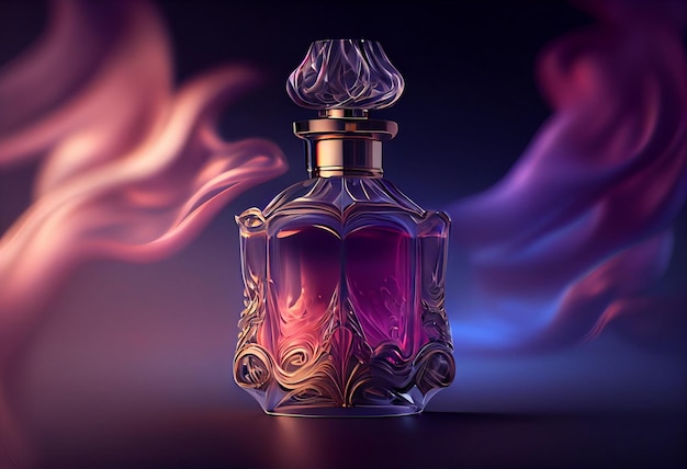 Perfume bottle with smoke on purple background genertive ai