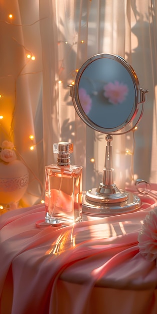 Perfume Bottle with Vanity Mirror and Soft Lighting Generative AI