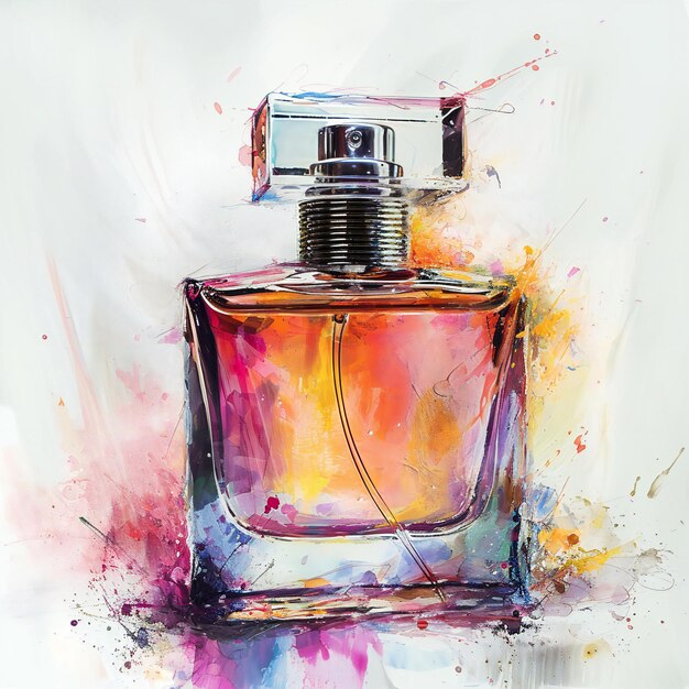 Perfume bottle with watercolor splash art illustration painting background