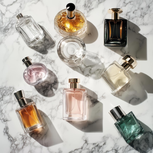 Photo perfume bottles collection luxe marble countertop editorial photography