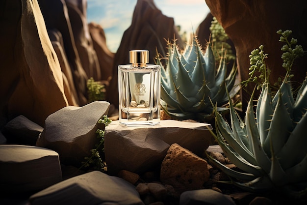 perfume bottles mockup on the rock sunlight nature background