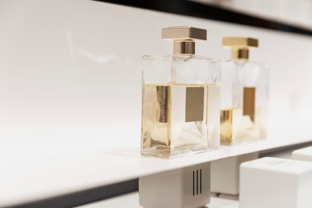 Perfume bottles on a shelf in a store Beauty industry Closeup Side view