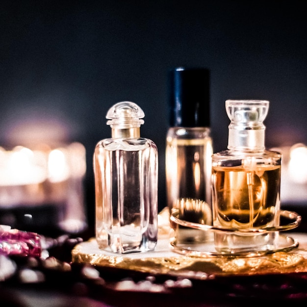 Perfume bottles and vintage fragrance at night aroma scent fragrant cosmetics and eau de toilette as luxury beauty brand holiday fashion parfum design