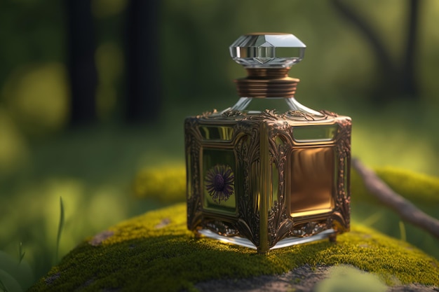 Perfume in decorated bottle standing in forest on moss outdoors Eco friendly natural fragrance concept Illustration created by Generative AI