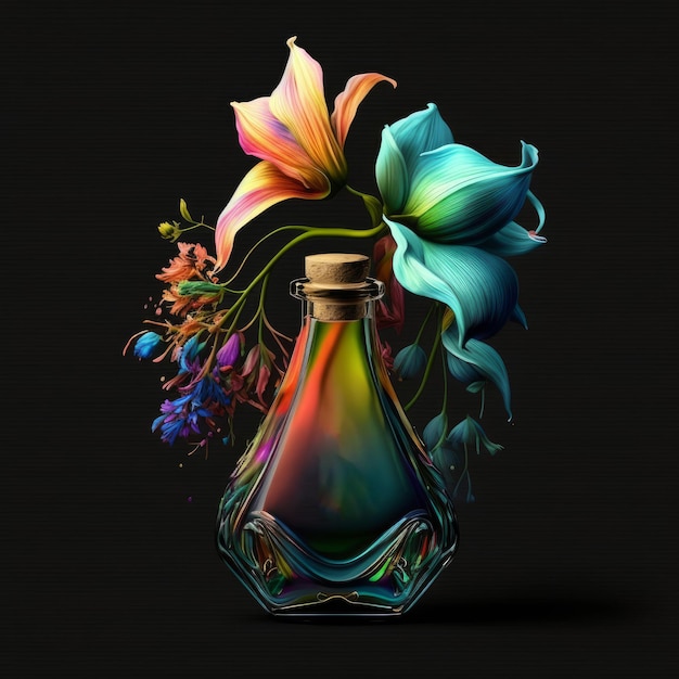 Perfume flowers with rainbow colorful flowers on black background generative AI