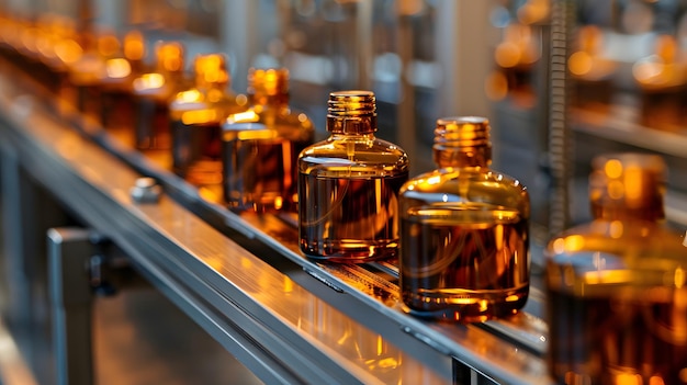 the perfume production line with rows of amber bottles filled with golden liquid being placed on a s