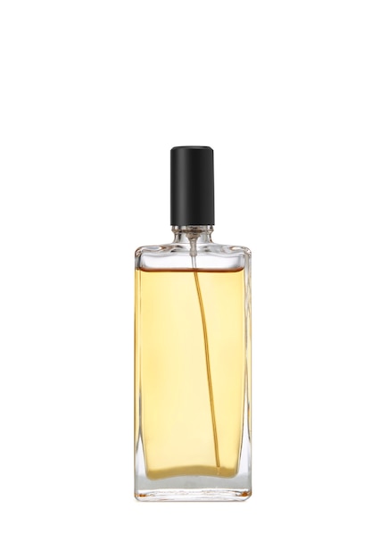 Perfume in Transparency glass bottle with black cap isolated on white background