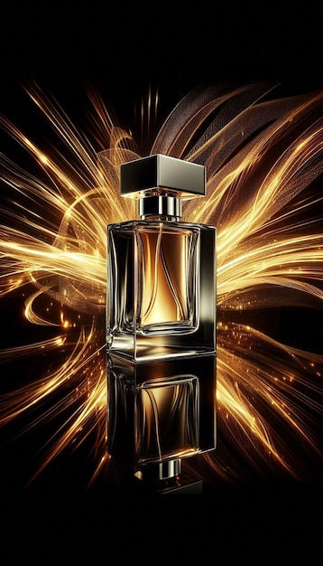 Photo perfume with a gold background and a gold swirl in the middle