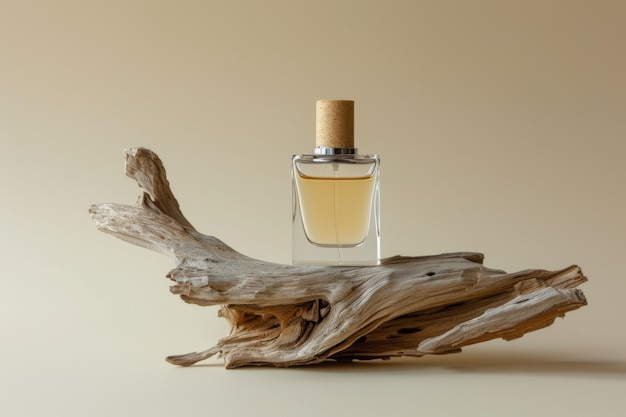 Perfume on wooden stand with neutral background