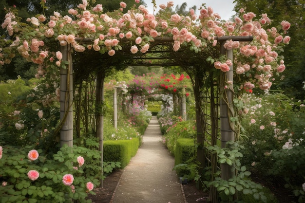 Pergola covered in blooming roses surrounded by green foliage