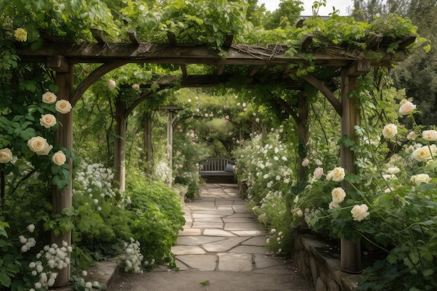 Pergola covered in climbing roses and surrounded by lush greenery