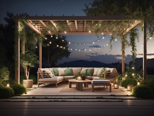 A pergola surrounded by greenery gravel on the ground simple patio furniture string lights night