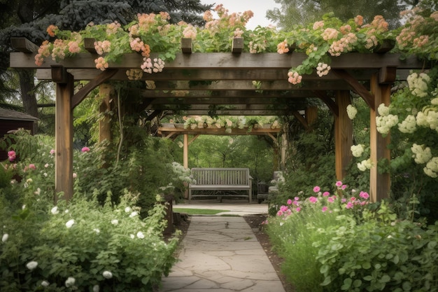 Pergola surrounded by lush greenery and flowers creating a serene setting