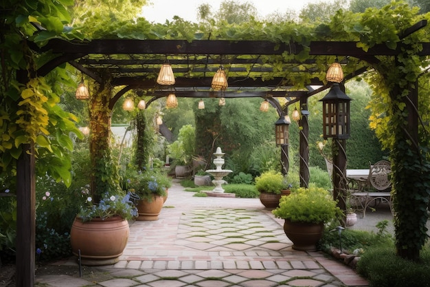 Pergola with potted plants and lanterns for tranquil setting