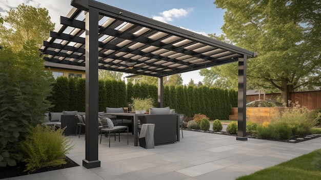 Photo a pergola with a table and chairs sits in front of a house.