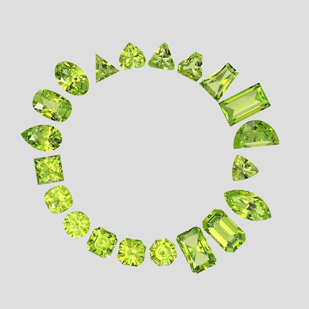 Peridot color stone in all gem shapes 3D render