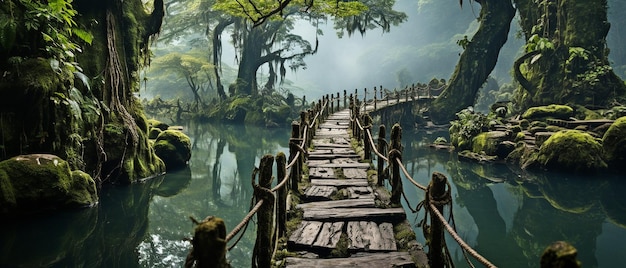 A perilous bridge over a river in the bush