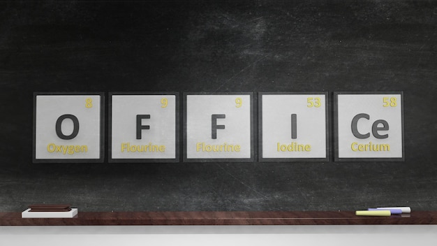 Periodic table of elements symbols used to form word Office on blackboard