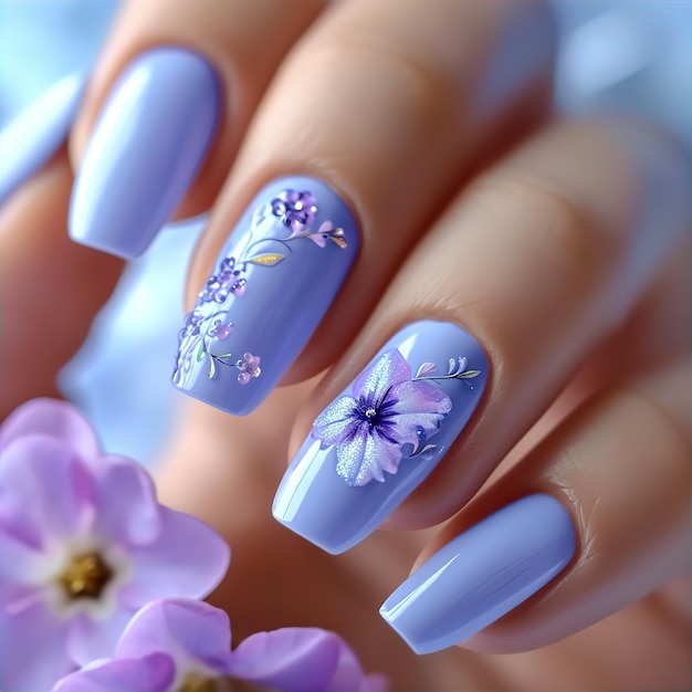 Periwinkle colored nail polish on manicured nails