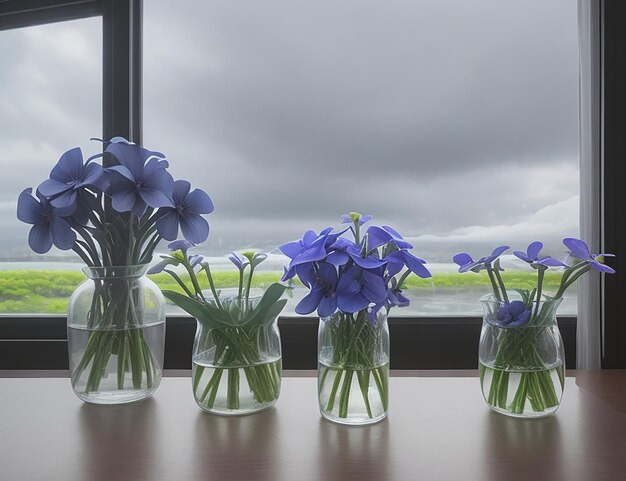 Periwinkle warm flowers Periwinkle flowers cloudy rainy view in flower vase AI generated