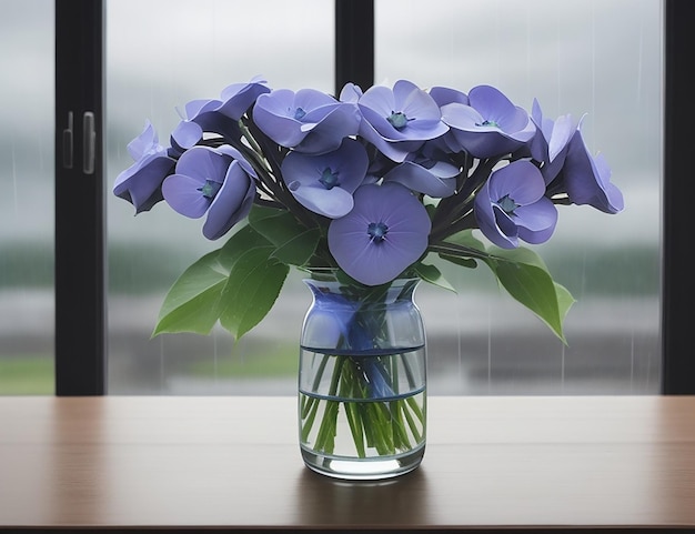 Periwinkle warm flowers Periwinkle flowers cloudy rainy view in flower vase AI generated