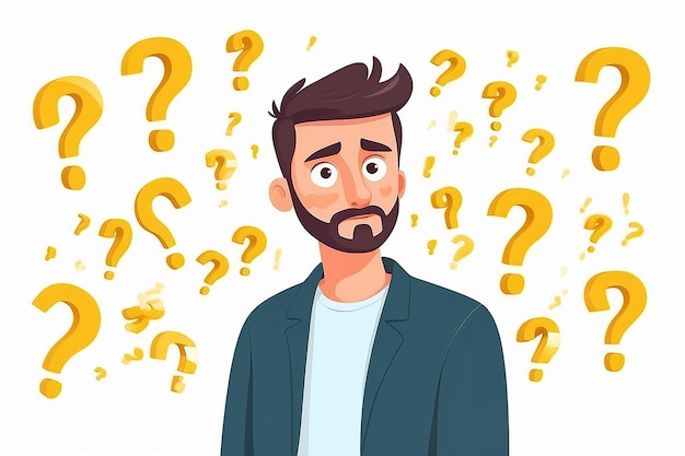 Photo perplexed guy with question marks isolated flat character on a white background