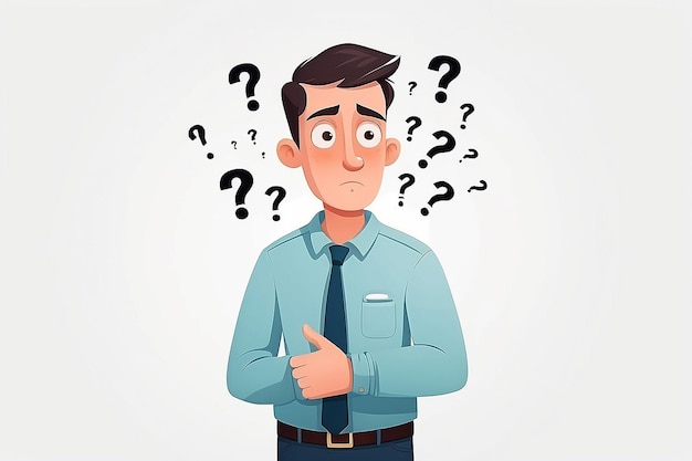 Perplexed guy with question marks Isolated flat character on a white background