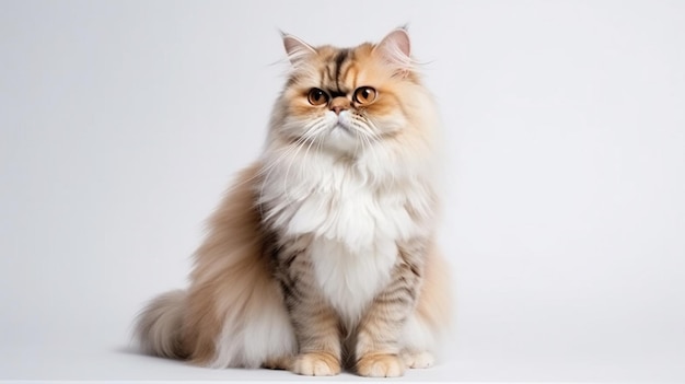 A persian cat sits on a white background