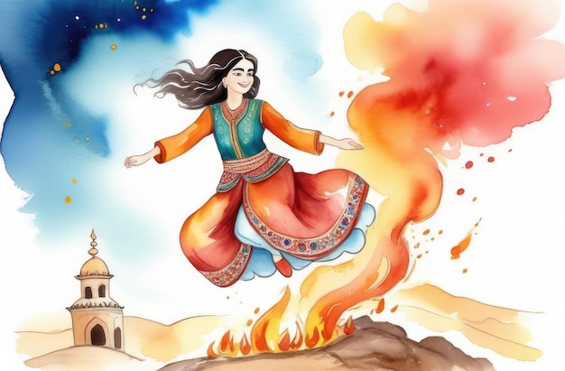 persian girl in traditional clothes jumping over fire Nowruz celebration watercolor illustration