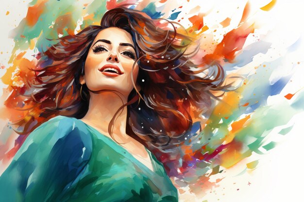 Persian woman celebrates nowruz in traditional attire depicted in vibrant watercolor illustration