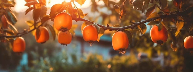 Persimmon grows on a tree in the harvest garden Generative Ai