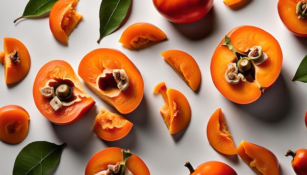 Persimmon in whole and sliced pieces